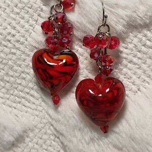 Valentine's, red heart and bead 2" french wire earrings